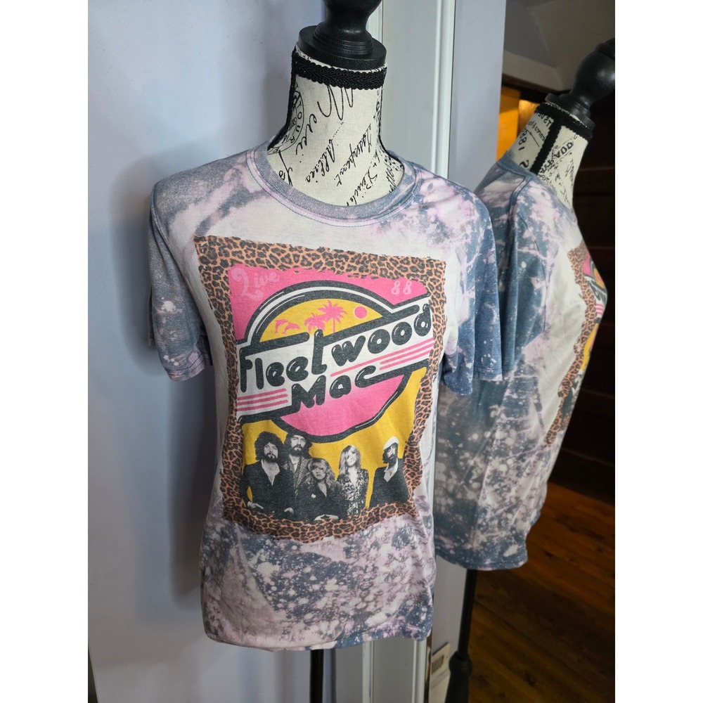 Fleetwood Mac‎ Band T-Shirt Bleach Dye Acid Wash Leopard Print Graphic Tee Small